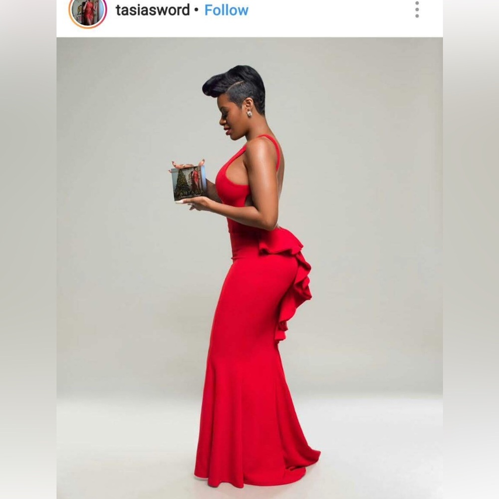 Jovani Backless Ruffle Detail Red Jersey Knit Mermaid Dress